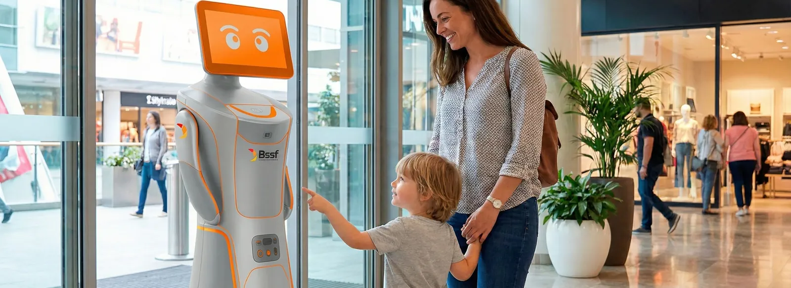 Mãe e filho pequeno interagem com um robô de atendimento branco e laranja em um shopping