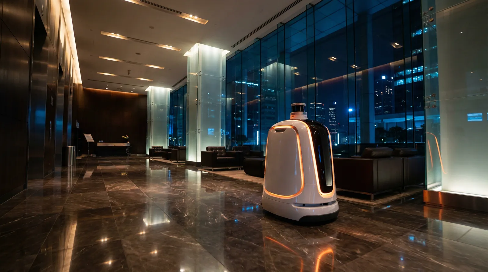 Robô autônomo branco com detalhes luminosos laranja parado em um lobby corporativo à noite